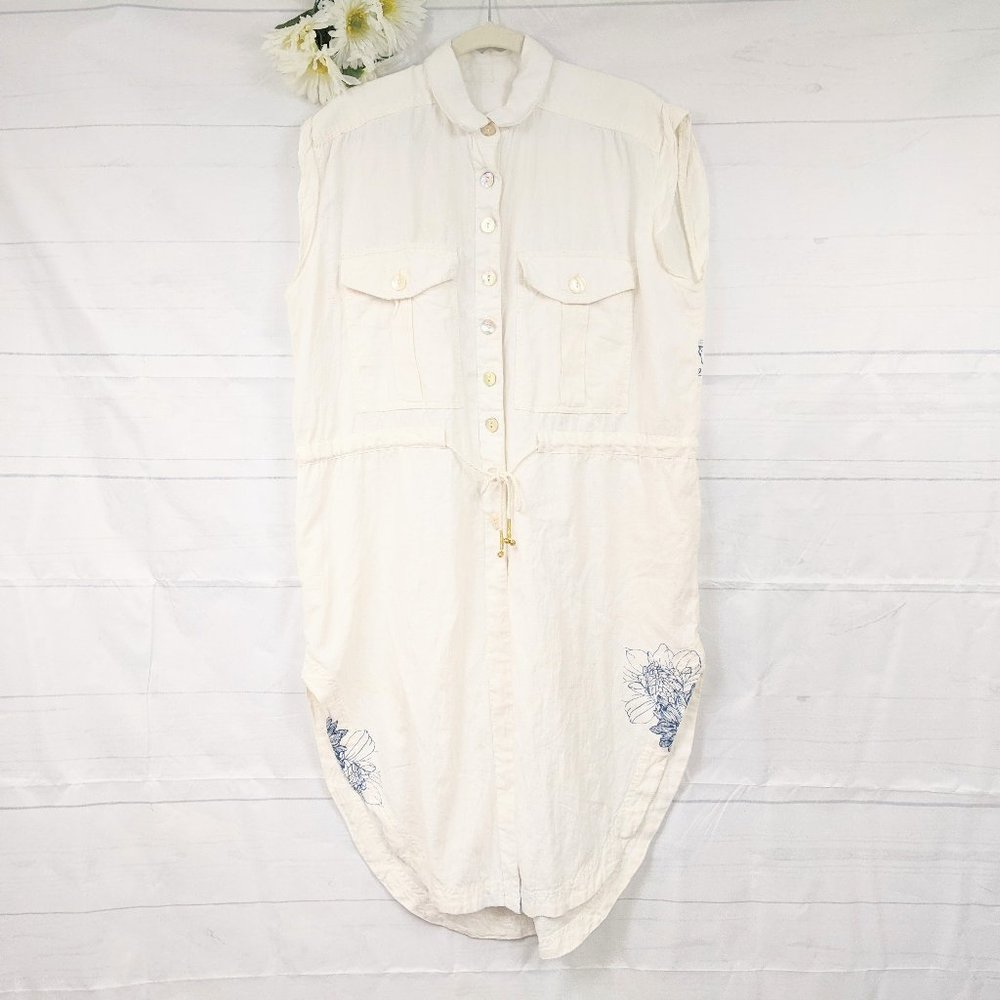 Women's Linen Blend Off White Blue Flowers Dress